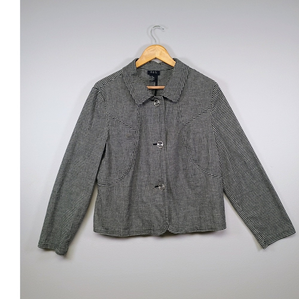 Dark Academia RQT Womens XL Black White Gingham Check Button Up‎ Stretch Jacket
